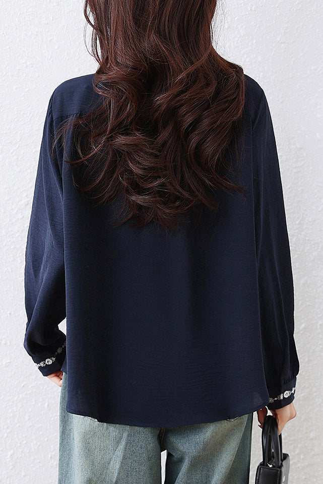 Casual Stand Collar Blouse with Floral Embroidery and Ruffle Trim - liwisi