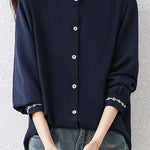 Casual Stand Collar Blouse with Floral Embroidery and Ruffle Trim - liwisi