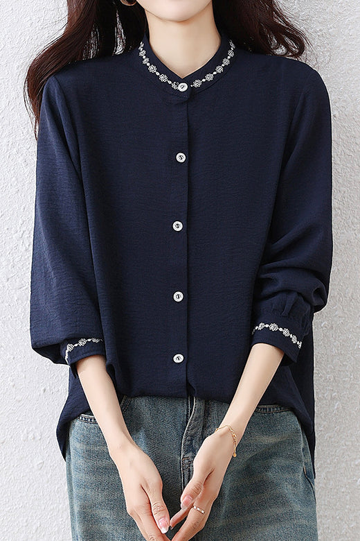 Casual Stand Collar Blouse with Floral Embroidery and Ruffle Trim - liwisi
