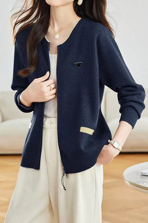 Casual Colorblock Triangle Detail Drawstring Knit Cardigan - liwisi