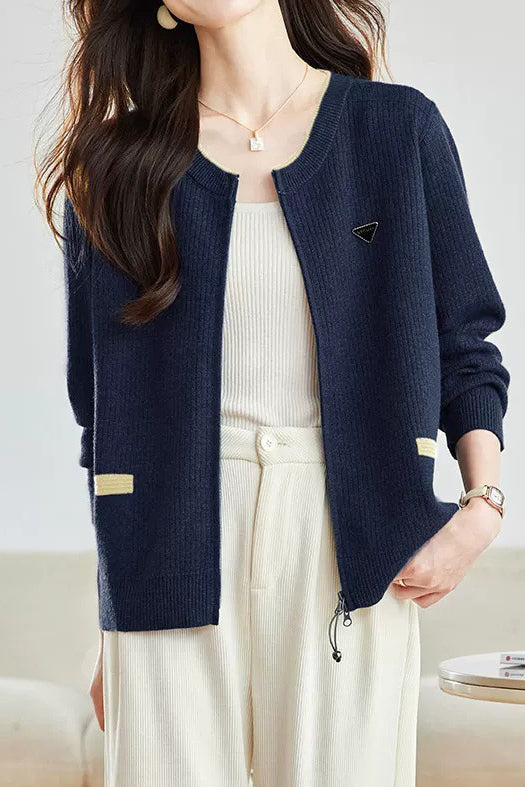 Casual Colorblock Triangle Detail Drawstring Knit Cardigan - liwisi