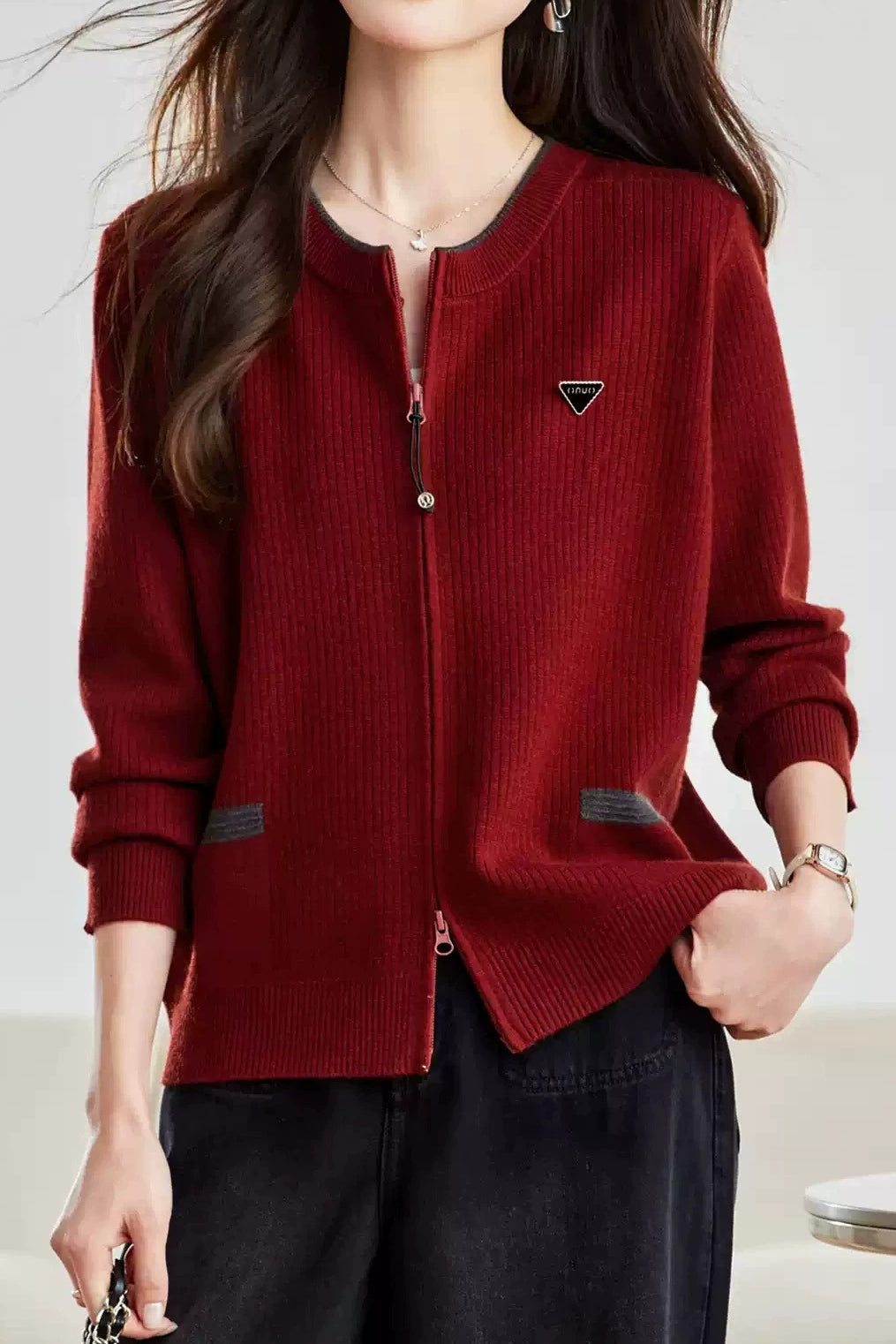 Casual Colorblock Triangle Detail Drawstring Knit Cardigan - liwisi