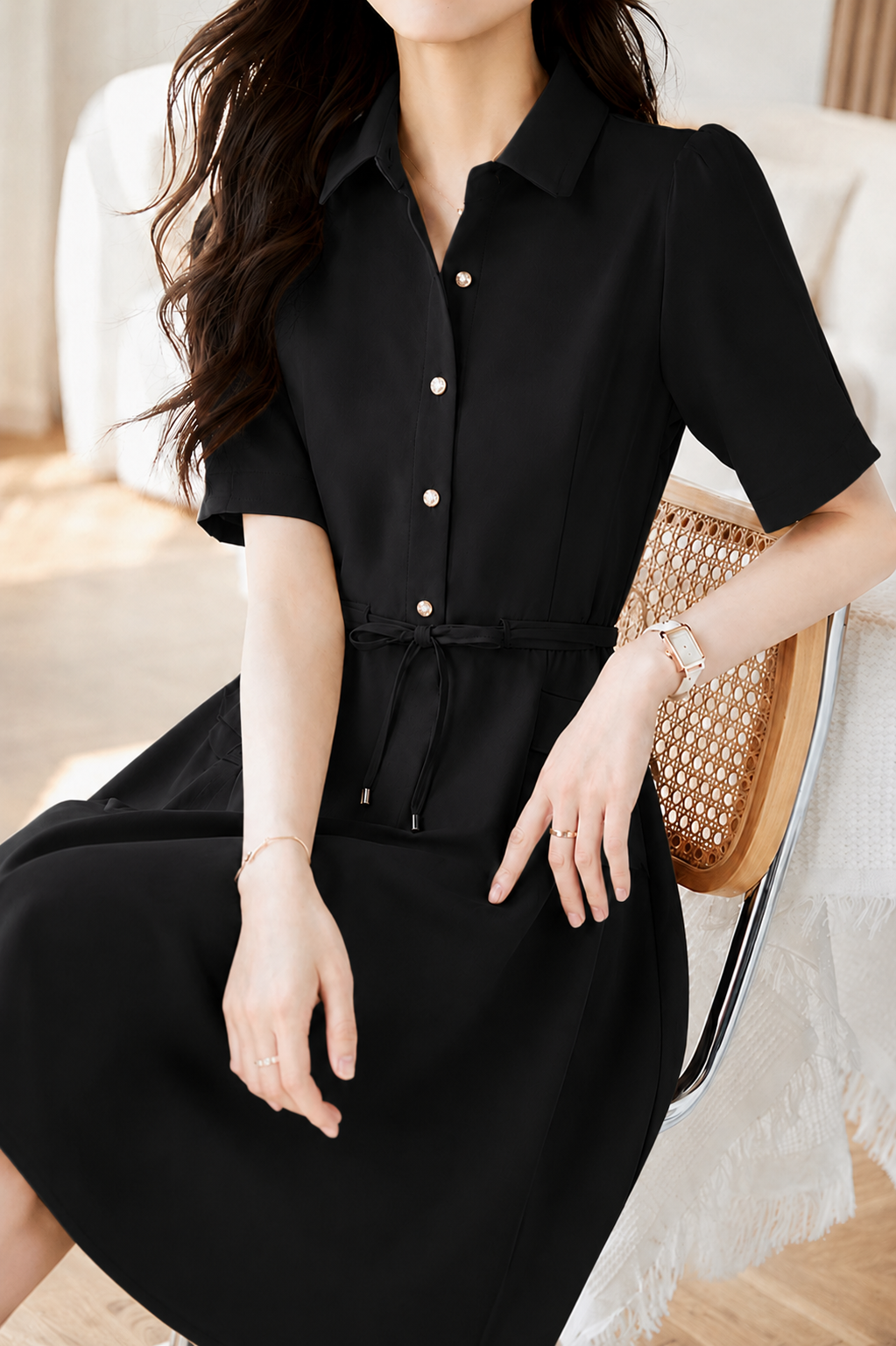Commuter Tie Lapel Button Dress - liwisi