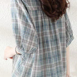 Round stand collar button-up short sleeve loose casual shirt with drawstring hem