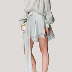V-neck long sleeve shirt with tie and short skirt two-piece set - liwisi