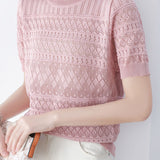 Round neck short sleeve hollow thin knit top