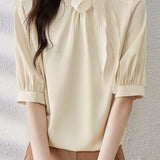 Spliced bow tie short sleeve satin shirt