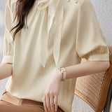 Spliced bow tie short sleeve satin shirt