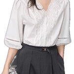 V-neck lace white shirt - liwisi