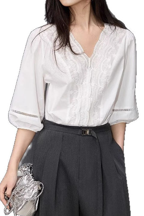 V-neck lace white shirt - liwisi