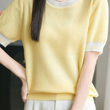 Ice silk color-blocked pullover knit top