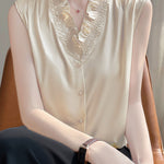 Ruffle-edged V-neck faux button sleeveless shirt - liwisi