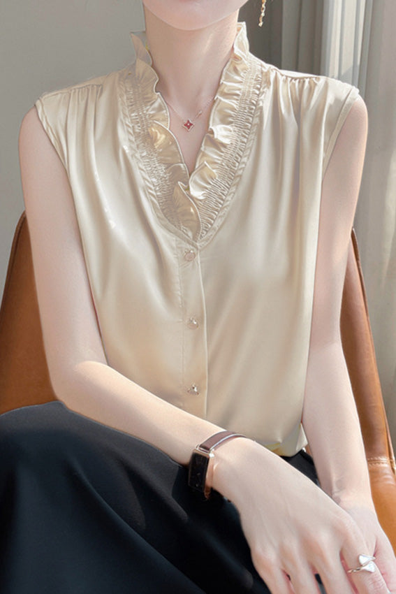 Ruffle-edged V-neck faux button sleeveless shirt - liwisi