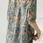 V-neck floral print short sleeve shirt - liwisi