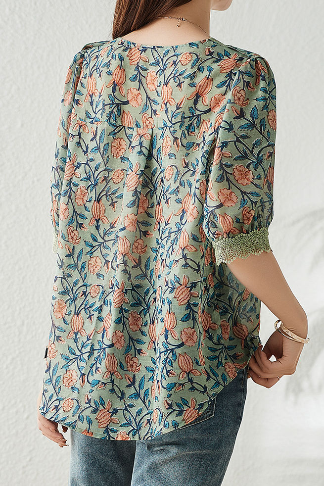 V-neck floral print short sleeve shirt - liwisi