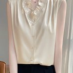 Ruffle-edged V-neck faux button sleeveless shirt - liwisi