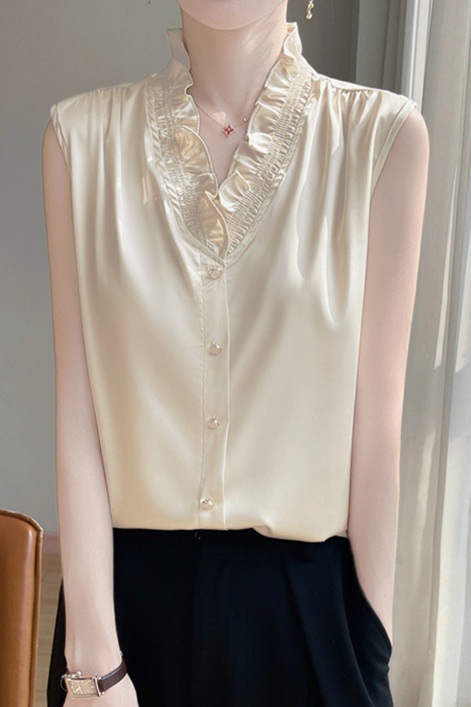 Ruffle-edged V-neck faux button sleeveless shirt - liwisi