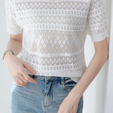 Round neck short sleeve hollow thin knit top