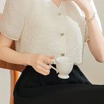 A-line bubble short sleeve button-up shirt - liwisi