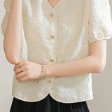 A-line bubble short sleeve button-up shirt - liwisi