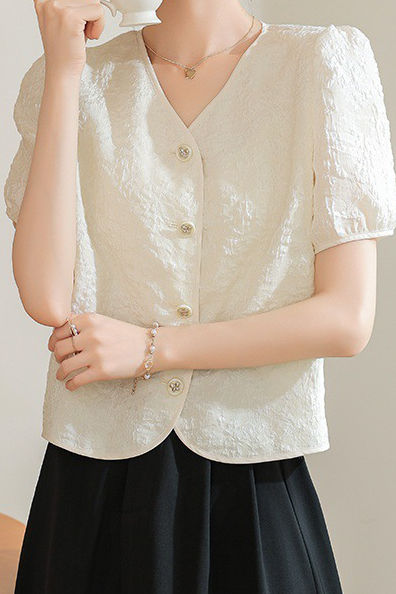 A-line bubble short sleeve button-up shirt - liwisi