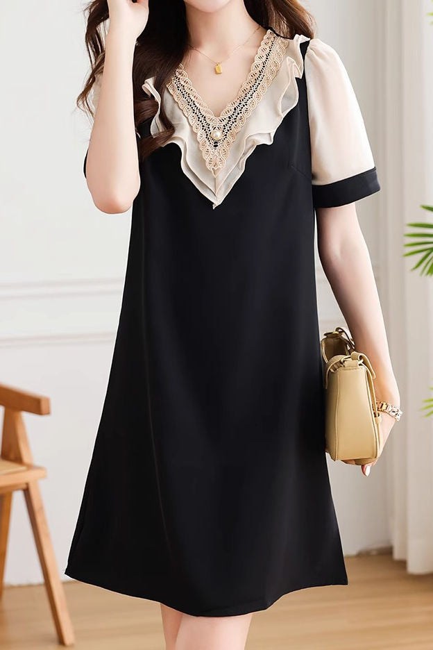 Elegant patchwork short sleeve dress - liwisi