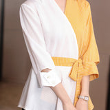 Irregular color-blocked shirt with bow tie details