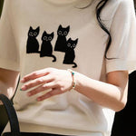 Cat pattern knit short sleeve T-shirt - liwisi