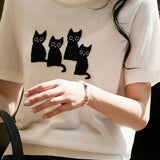 Cat pattern knit short sleeve T-shirt - liwisi