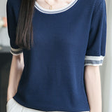Ice silk color-blocked pullover knit top