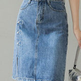Embroidered beaded high-waisted slit denim skirt
