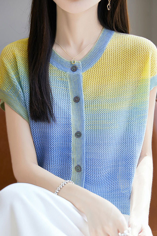Round neck short sleeve loose knit cardigan - liwisi