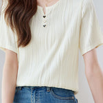 Textured round neck short sleeve T-shirt with decorative buttons - liwisi
