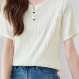 Textured round neck short sleeve T-shirt with decorative buttons - liwisi