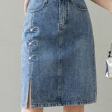 Embroidered beaded high-waisted slit denim skirt