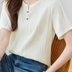 Textured round neck short sleeve T-shirt with decorative buttons - liwisi