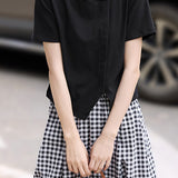 Side-slit short sleeve T-shirt with A-line plaid skirt set