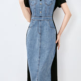 Spliced faux two-piece denim dress