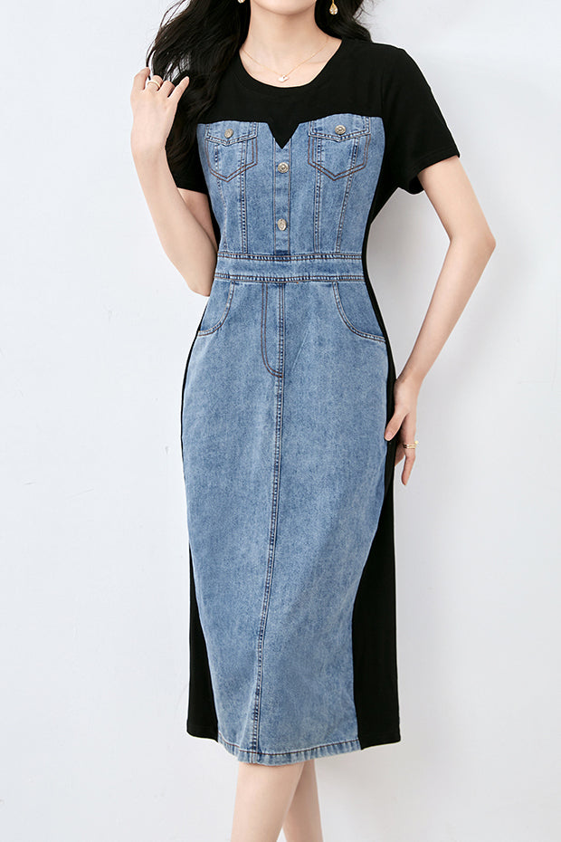 Spliced faux two-piece denim dress liwisi Spliced faux two-piece denim dress liwisi