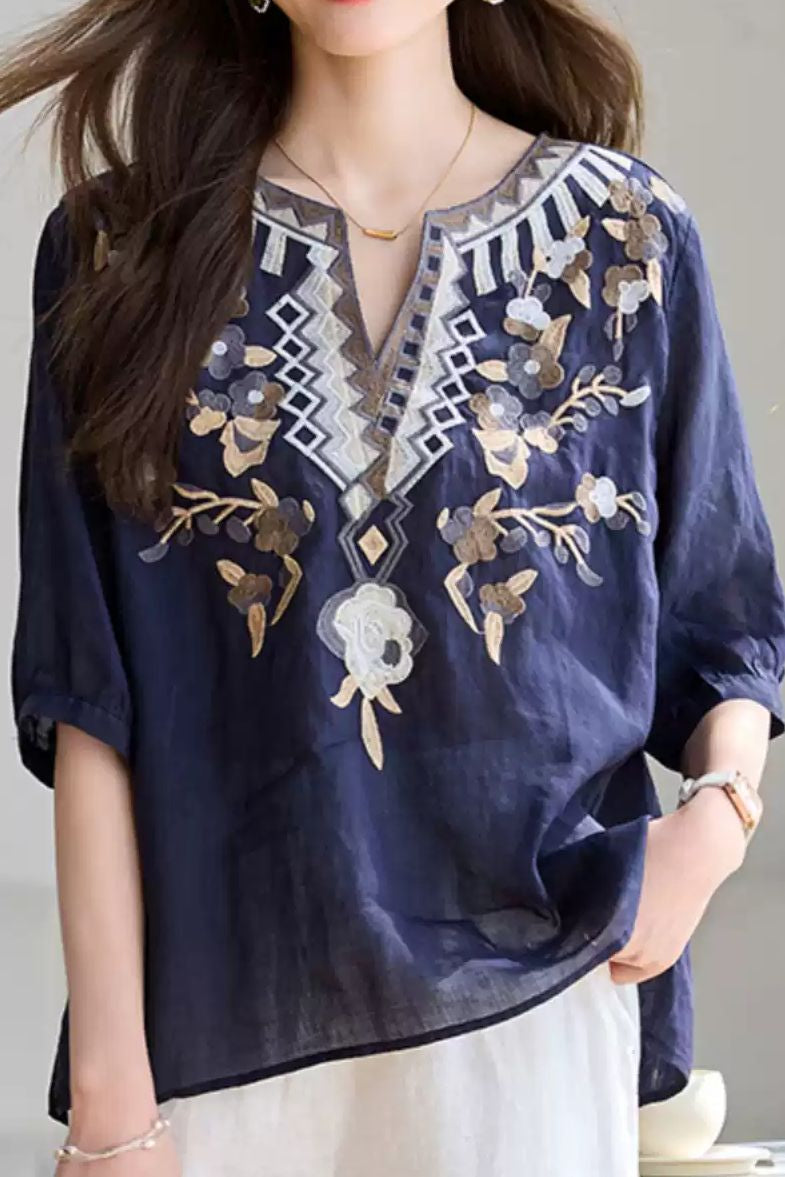 Fashion Embroidered Ramie T-Shirt - liwisi