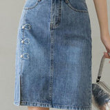 Embroidered beaded high-waisted slit denim skirt