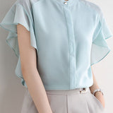 Round neck solid color ruffled shirt
