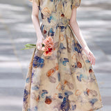 Lantern sleeve floral waist-defining A-line dress