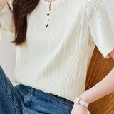 Textured round neck short sleeve T-shirt with decorative buttons - liwisi