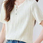 Textured round neck short sleeve T-shirt with decorative buttons - liwisi
