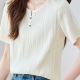 Textured round neck short sleeve T-shirt with decorative buttons - liwisi