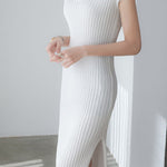 V-neck cap sleeve fitted dress with side slits in ribbed knit - liwisi