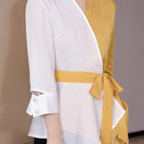 Irregular color-blocked shirt with bow tie details