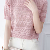 Round neck short sleeve hollow thin knit top