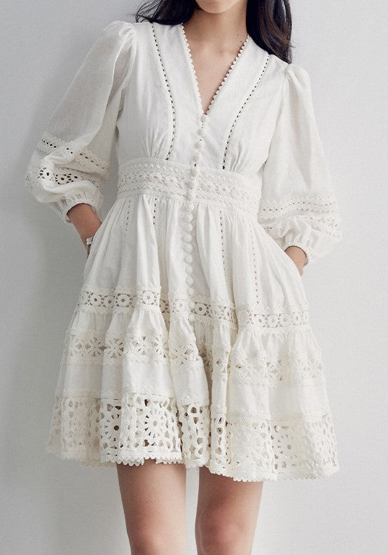 Casual Lantern Sleeve Lace Patchwork Dress - liwisi